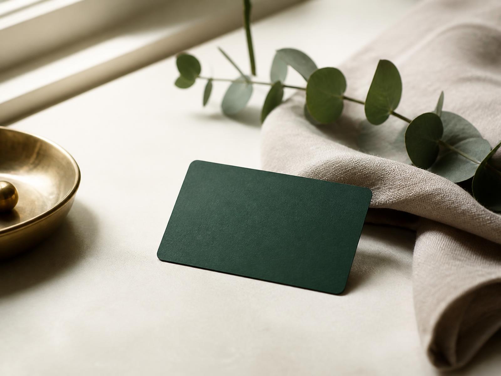 A deep green membership card resting on linen beside eucalyptus